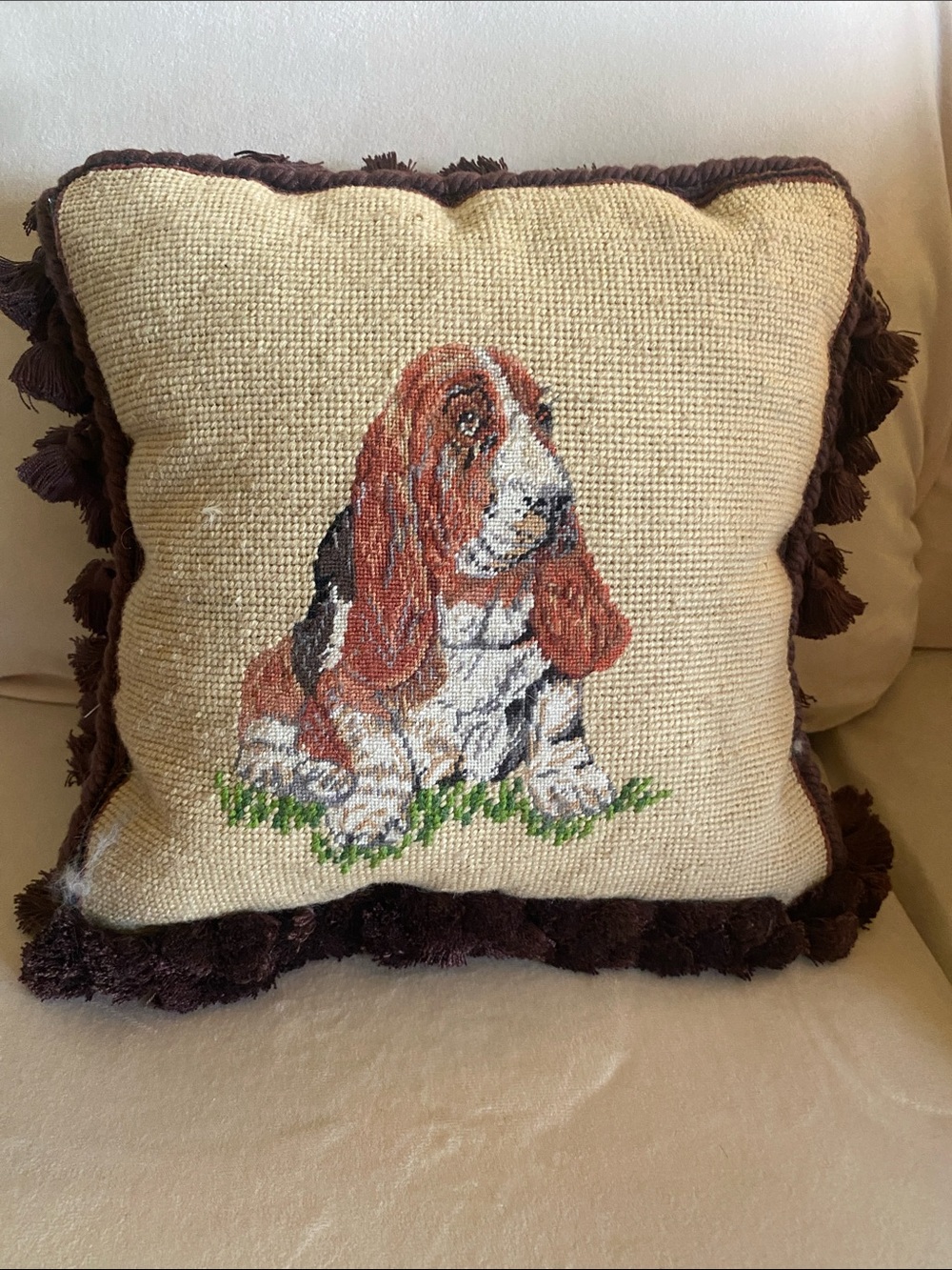 Vintage Basset Hound Needlepoint Accent Pillow - fringe trim